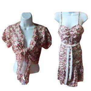 Pink and White  Floral Print Dress and Shrug Set Size Medium